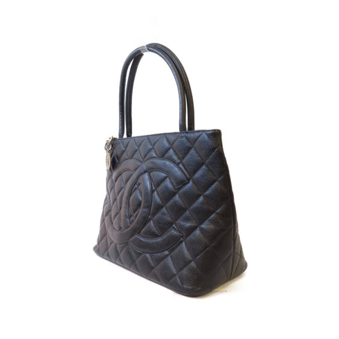 CHANEL Quilted CC SHW Tote Bag Shoulder Bag Caviar Leather Black