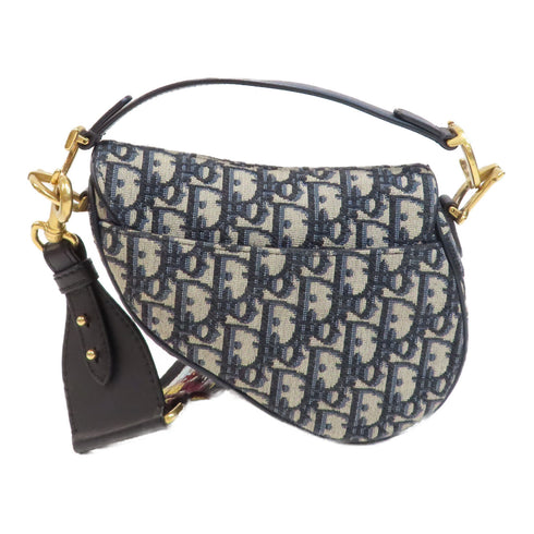 Christian Dior CD GHW Saddle Flap Bag 2 Way Bag Canvas Navy/Beige