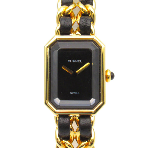 CHANEL CC Premiere L Quartz Movement Watch H0001 Gold Plated Leather Black #16cm