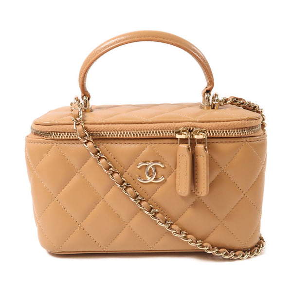 CHANEL CC GHW Vanity Bag 2 Way Chain Shoulder Lambskin Leather Apricot