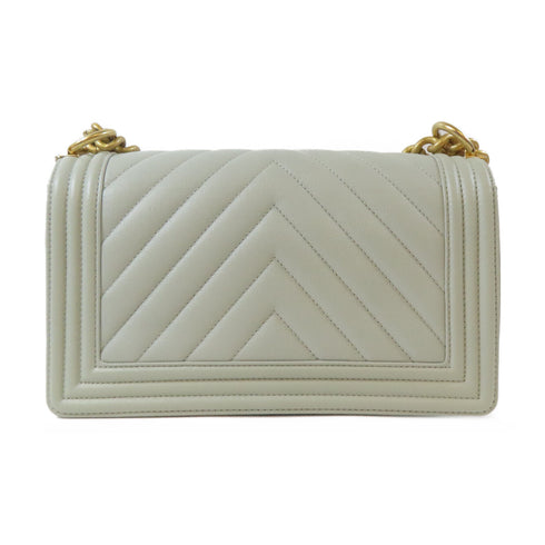 CHANEL Herringbone CC GHW Boy Chain Shoulder Bag Caviar Leather Grey