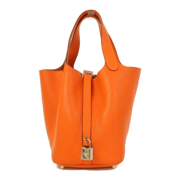 HERMES PHW Picotin PM Hand Bag/Bucket Tote Bag Clemence Leather Feu