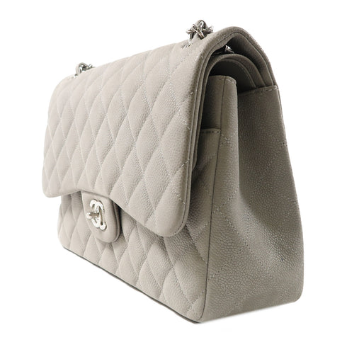 CHANEL Quilted CC SHW Classic Jumbo Chain Shoulder Bag Calfskin Leather Grey