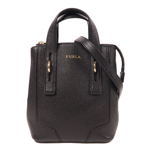 Furla GHW 2 Way Shoulder Bag Calfskin Leather Black