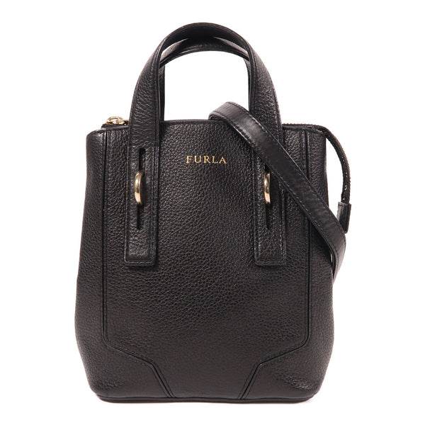 Furla GHW 2 Way Shoulder Bag Calfskin Leather Black