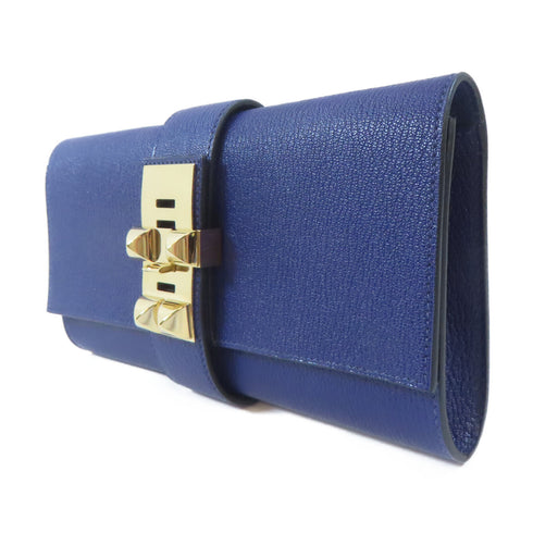 HERMES GHW Medor Clutch Bag Chevre Leather Blue