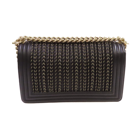 CHANEL Quilted CC GHW Boy Chanel Chain Shoulder Bag Calfskin Leather Black Gold