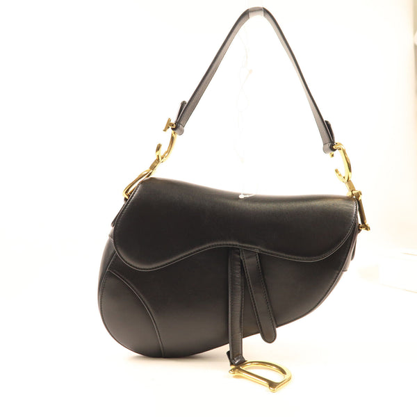 CHRISTIAN DIOR CD GHW Saddle Shoulder Bag Calfskin Leather Black