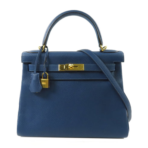 HERMES GHW Kelly 28 Handbag 2 Way Shoulder Bag Clemence Leather Deep Blue
