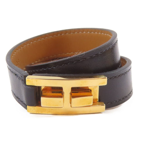 HERMES Drag Double Tour Bangle Swift Leather Black Noir Gold #13.5cm