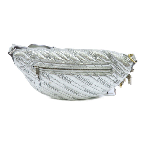 BALENCIAGA GHW SHW Belt Waist Bag 551550 Calfskin Leather Silver