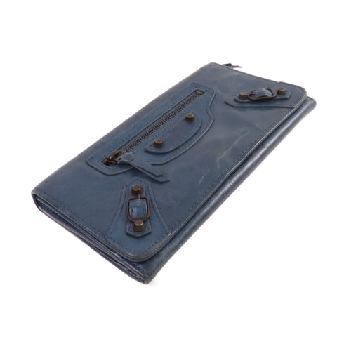 BALENCIAGA City Long Wallet Lambskin Leather Dark Blue