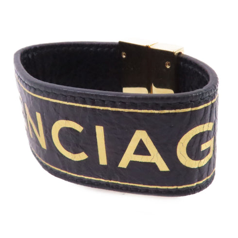 BALENCIAGA GHW Bracelet Bangle Calfskin Leather Metal Black Gold