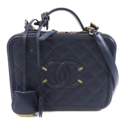 CHANEL Quilted CC GHW Vanity Case 2 Way Shoulder Bag Calfskin Leather Navy