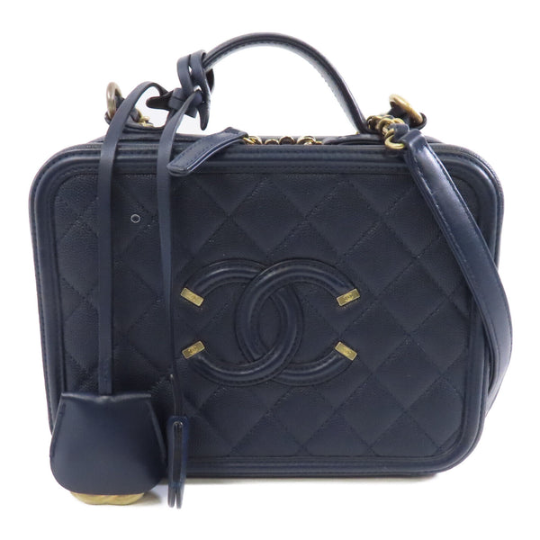 CHANEL Quilted CC GHW Vanity Case 2 Way Shoulder Bag Calfskin Leather Navy