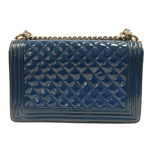 CHANEL CC SHW Boy 28 Chain Shoulder Bag Patent Leather Blue