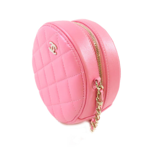 CHANEL Quilted GHW CC Round Pearl Shoulder Bag Crossbody Lambskin Leather Pink