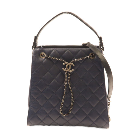 CHANEL CC GHW Bucket Bag 2Way Shoulder Hand Bag Calfskin Leather Blue