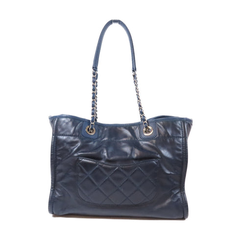 CHANEL CC SHW Beach Tote Bag Chain Shoulder Calfskin Leather Blue