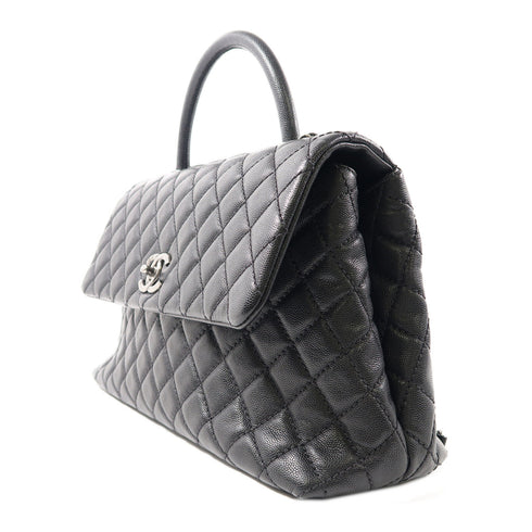 CHANEL Quilted CC SHW Coco Handle Medium 2 Way Bag Calfskin Leather Black