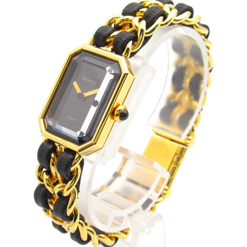 CHANEL CC Premiere L Quartz Movement Watch H0001 Gold Plated Leather Black #16cm