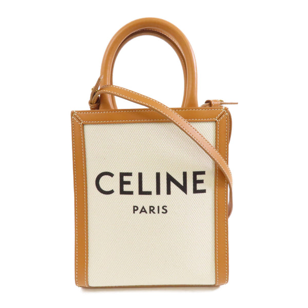 CELINE GHW Mini Vertical Cabas 2 Way Shoulder Bag S-SL-5200 Canvas Leather White