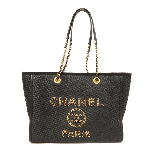 CHANEL CC SHW Deauville Tote 2 Way Shoulder Bag Handbag Straw Black