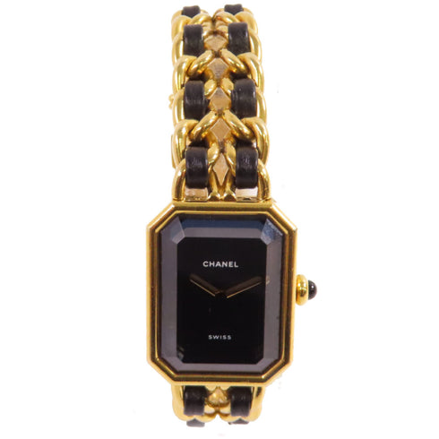 CHANEL GHW Premiere L Quartz Watch SS Leather Gold Plated H0001 Black