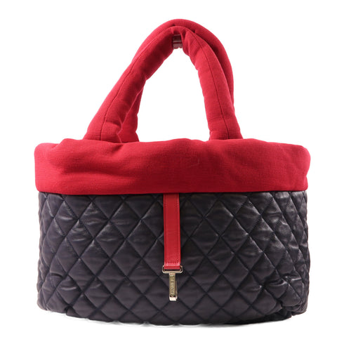 CHANEL Quilted CC SHW Coco Cocoon Hand Bag Calfskin Leather Navy/Red