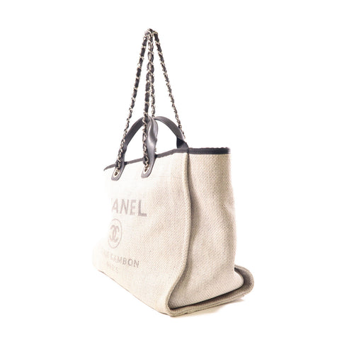 CHANEL CC SHW Deauville Tote 2 Way Bag Straw Grey/Black