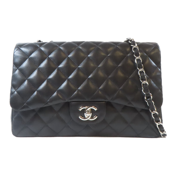 CHANEL Quilted CC SHW Classic Jumbo Shoulder Handbag Lambskin Leather Black