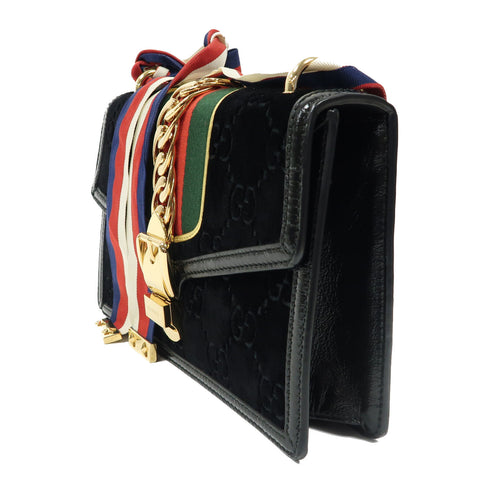 GUCCI GG GHW Sylvie Sherry Line Shoulder Bag 524405 Patent Leather/Suede Black