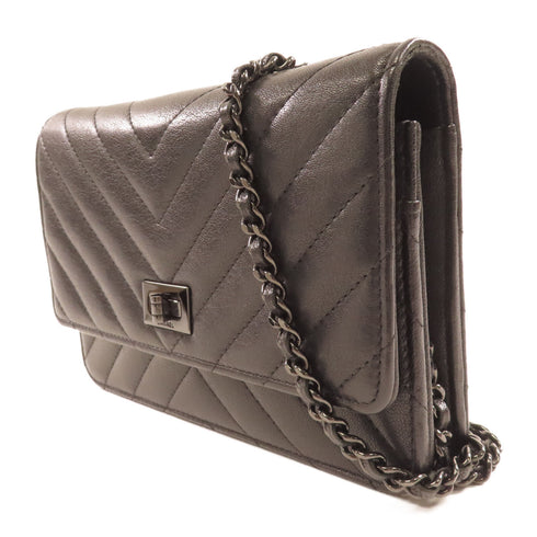 CHANEL Herringbone CC 2.55 Wallet Chain Shoulder Bag A80834 Lambskin Black