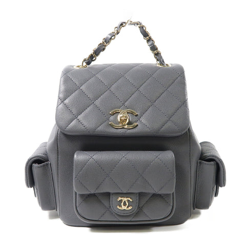 CHANEL Quilted CC SHW Backpack Rucksack Calfskin Leather Grey