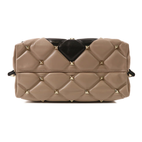 Valentino GHW 2 Way Shoulder Handbag Calfskin Leather Apricot Black