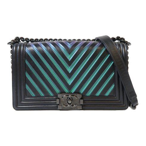 CHANEL Herringbone CC Boy Chanel Chain Shoulder Bag Calfskin Green Purple Black