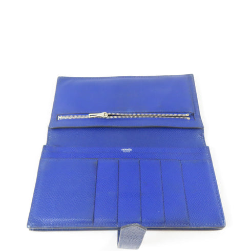 HERMES PHW Bearn W Snap Long Wallet Veau Epsom Leather Blue