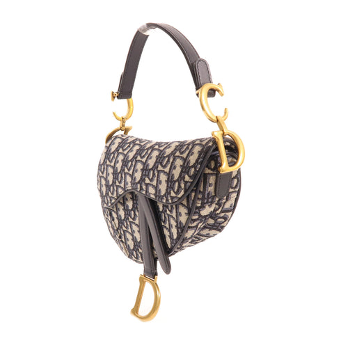 Christian Dior CD GHW Mini Saddle Handbag Canvas Navy/Beige