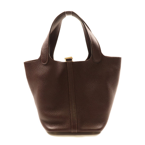 HERMES GHW Picotin PM Tote Bag Clemence Leather 47 Chocolat