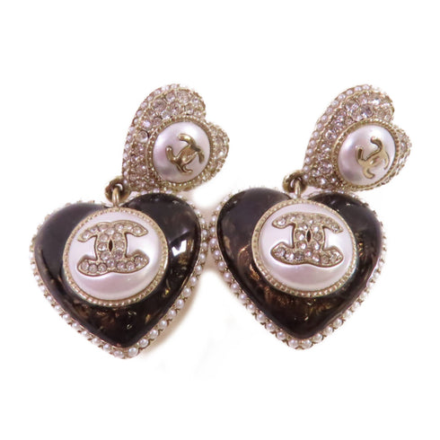 CHANEL CC GHW CC Heart Earrings B22/B Metal PVC Rhinestones White Black