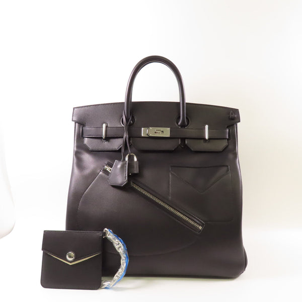 HERMES PHW Haut A Courroies 40 Tote Bag Handbag Evergrain Leather Noir Black