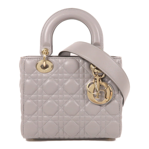 Christian Dior CD GHW Lady Dior 2 Way Shoulder Bag Lambskin Leather Grey