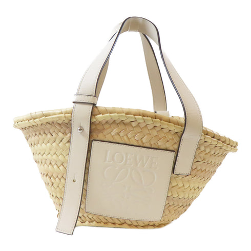 LOEWE SHW Basket In Palm Tote Bag Handbag Raffia/Leather Beige/White