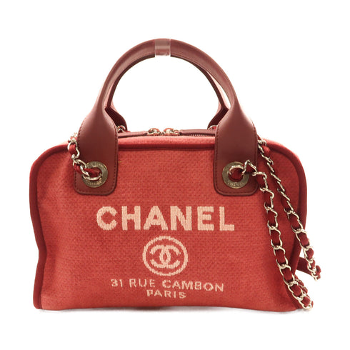 CHANEL CC SHW Deauville Bowling Tote Bag 2Way Shoulder Hand Bag Canvas Red