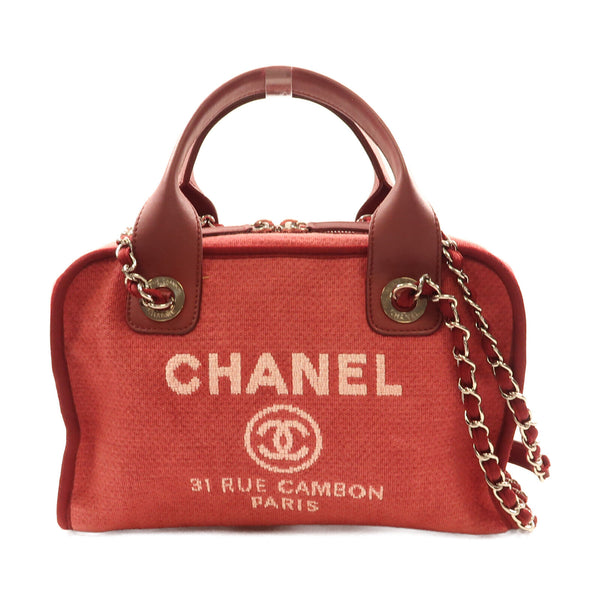 CHANEL CC SHW Deauville Bowling Tote Bag 2Way Shoulder Hand Bag Canvas Red