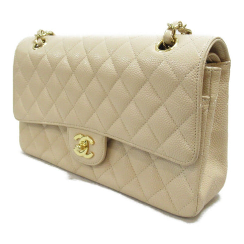 CHANEL Quilted CC GHW Matelasse Flap Chain Shoulder Bag Leather Beige