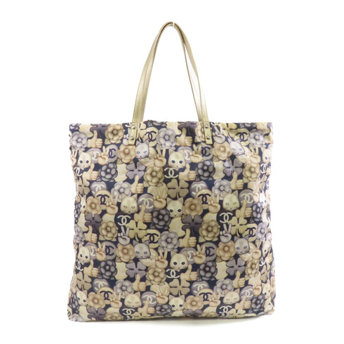 CHANEL Quilted CC GHW Tote Shoulder Bag Nylon Beige Navy