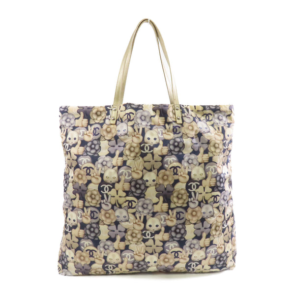 CHANEL Quilted CC GHW Tote Shoulder Bag Nylon Beige Navy