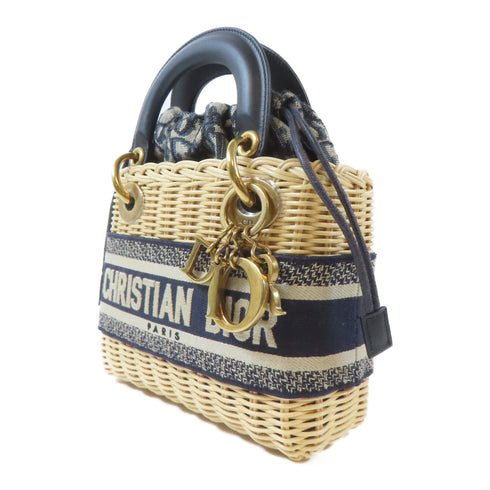 Christian Dior CD GHW Mini Dioriviera Lady Dior Bag Rattan Canvas Blue Beige