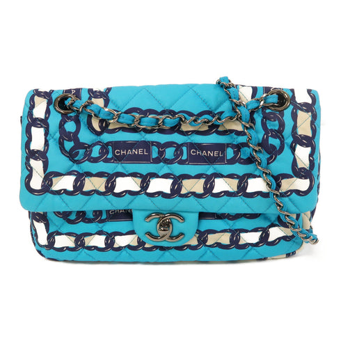 CHANEL Quilted CC SHW Chain Shoulder Bag Canvas Blue